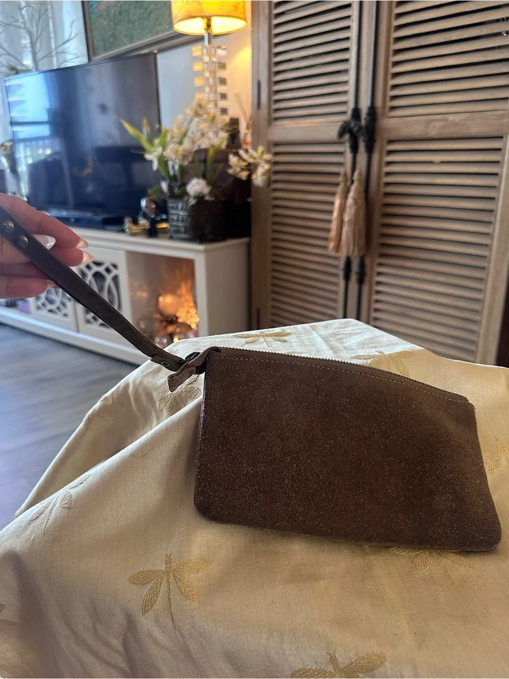 Prune, Handmade in Argentina Brown & Tan Suede & Stud Wristlet Wallet / Bag.